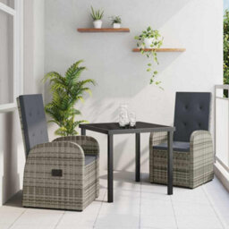Berkfield Modern Garden Dining Set With Cushion 3 Pcs Grey Poly Rattan - thumbnail 2