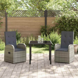 Berkfield Modern Garden Dining Set With Cushion 3 Pcs Grey Poly Rattan - thumbnail 4