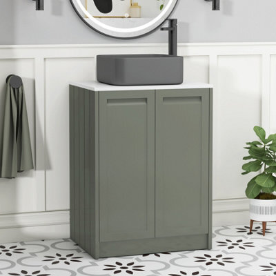 Royal Bathrooms Royal Bathroom Elmore 600mm Matt Green Freestanding Bathroom Vanity Unit 2 Door Plain White Worktop With Art Square Basin - image 1