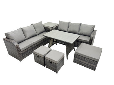 Fimous Garden Rattan Outdoor Furniture Set 9 Seater With 3 Seater Sofa 3 Stools Side Table Dark Grey - image 1
