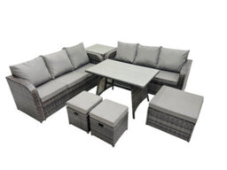 Fimous Garden Rattan Outdoor Furniture Set 9 Seater With 3 Seater Sofa 3 Stools Side Table Dark Grey - thumbnail 1