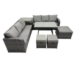 Fimous Garden Rattan Outdoor Furniture Set 9 Seater With 3 Seater Sofa 3 Stools Side Table Dark Grey - thumbnail 2