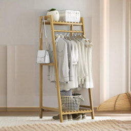 BMBO Tall Wooden Clothing Rail With Shelves Brown - thumbnail 1