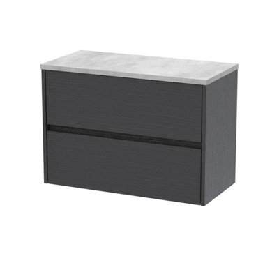 Nuie Havana Wall Hung 2-Drawer Vanity Unit & Worktop In Bellato Grey, Countertop Basin Unit, Graphite Grey Woodgrain, 800mm