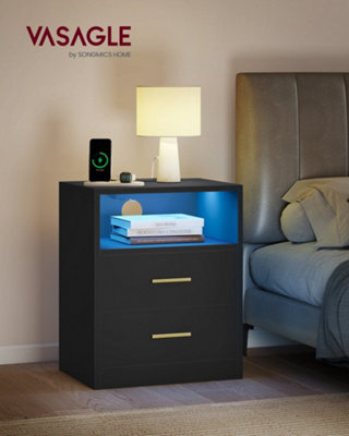 LEDREM Custos Collection - Set Of 2 Bedside Tables With Charging Station, Led Lights, Modern Side End Tables With Drawers, Open Shelf - image 1