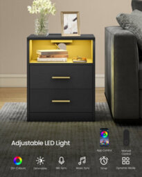 LEDREM Custos Collection - Set Of 2 Bedside Tables With Charging Station, Led Lights, Modern Side End Tables With Drawers, Open Shelf - thumbnail 4