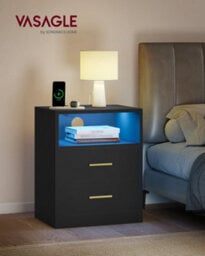 LEDREM Custos Collection - Set Of 2 Bedside Tables With Charging Station, Led Lights, Modern Side End Tables With Drawers, Open Shelf - thumbnail 1