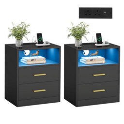 LEDREM Custos Collection - Set Of 2 Bedside Tables With Charging Station, Led Lights, Modern Side End Tables With Drawers, Open Shelf - thumbnail 2