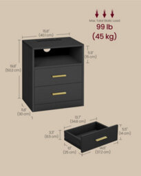 LEDREM Custos Collection - Set Of 2 Bedside Tables With Charging Station, Led Lights, Modern Side End Tables With Drawers, Open Shelf - thumbnail 5