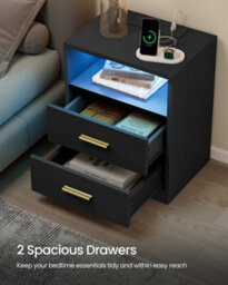 LEDREM Custos Collection - Set Of 2 Bedside Tables With Charging Station, Led Lights, Modern Side End Tables With Drawers, Open Shelf - thumbnail 6