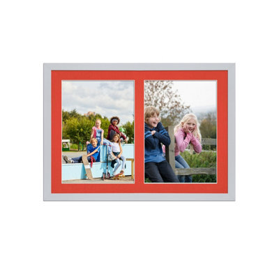 AK Frames 20X14 Silver Sleek Multi Photo Frame With Poppy Red Mount - Holds 2 Apertures (2X) A4 Photos - image 1