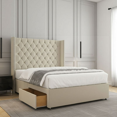 REGIONAL FURNISHINGS Cream Plush Velvet Divan Bed Set Upholstered 54Inch Headboard 2Drawersfootend & Mattress In Double King 4Ft 6Ft Sizes - image 1