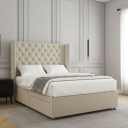 REGIONAL FURNISHINGS Cream Plush Velvet Divan Bed Set Upholstered 54Inch Headboard 2Drawersfootend & Mattress In Double King 4Ft 6Ft Sizes - thumbnail 3