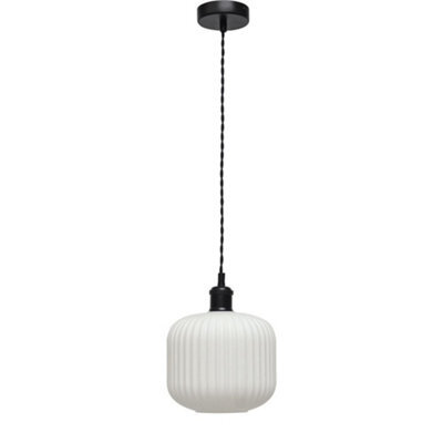 First Choice Lighting Bento - White Ribbed Glass Black Retro Pendant Fitting - image 1