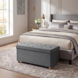 Foldable Ottoman Footrest With Wood Legs, Grey - thumbnail 2