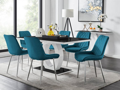 Furniturebox Giovani Rectangular 6 Seat White High Gloss Unique Halo Base Dining Table Black Glass Top 6 Blue Velvet Silver Leg Pesaro Chairs - image 1