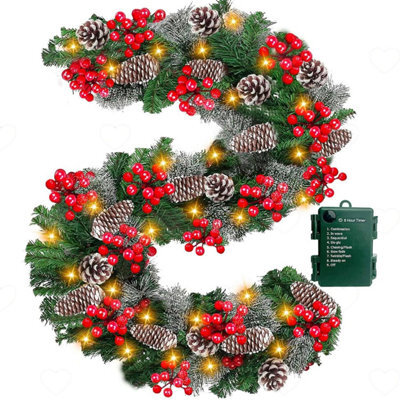 Amorly 9Ft Pre Lit Real Touch Cedar Christmas Garland, 50 Warm Led Lights, Battery Operated Timer 8 Mode With Pinecones Red Berries - image 1