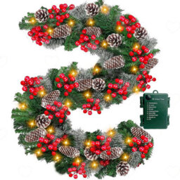 Amorly 9Ft Pre Lit Real Touch Cedar Christmas Garland, 50 Warm Led Lights, Battery Operated Timer 8 Mode With Pinecones Red Berries - thumbnail 1