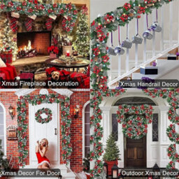 Amorly 9Ft Pre Lit Real Touch Cedar Christmas Garland, 50 Warm Led Lights, Battery Operated Timer 8 Mode With Pinecones Red Berries - thumbnail 9