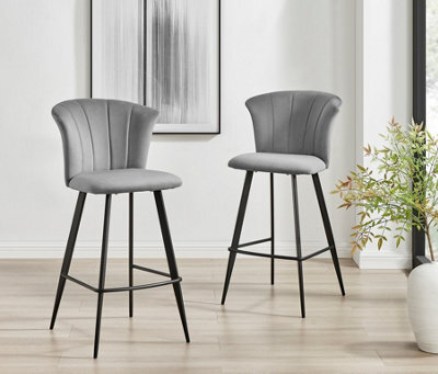 Furniturebox Juniper Grey Soft Touch Velvet Fluted Art Deco Bar Stools With Black Legs (Set Of 2) - image 1