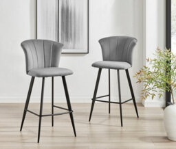 Furniturebox Juniper Grey Soft Touch Velvet Fluted Art Deco Bar Stools With Black Legs (Set Of 2) - thumbnail 1