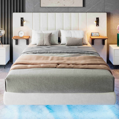 Btm Upholstered Double Bed 4Ft6, Velvet, Storage Headboard With Lamps, Charging Port, Underbed Light, White - image 1