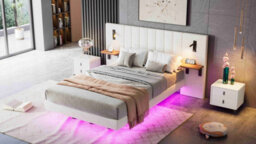 Btm Upholstered Double Bed 4Ft6, Velvet, Storage Headboard With Lamps, Charging Port, Underbed Light, White - thumbnail 9