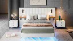 Btm Upholstered Double Bed 4Ft6, Velvet, Storage Headboard With Lamps, Charging Port, Underbed Light, White - thumbnail 8