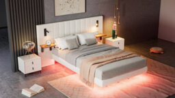 Btm Upholstered Double Bed 4Ft6, Velvet, Storage Headboard With Lamps, Charging Port, Underbed Light, White - thumbnail 7