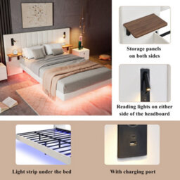Btm Upholstered Double Bed 4Ft6, Velvet, Storage Headboard With Lamps, Charging Port, Underbed Light, White - thumbnail 6