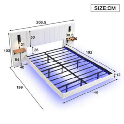 Btm Upholstered Double Bed 4Ft6, Velvet, Storage Headboard With Lamps, Charging Port, Underbed Light, White - thumbnail 4