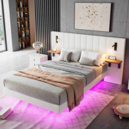 Btm Upholstered Double Bed 4Ft6, Velvet, Storage Headboard With Lamps, Charging Port, Underbed Light, White - thumbnail 3