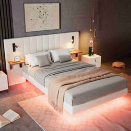 Btm Upholstered Double Bed 4Ft6, Velvet, Storage Headboard With Lamps, Charging Port, Underbed Light, White - thumbnail 2