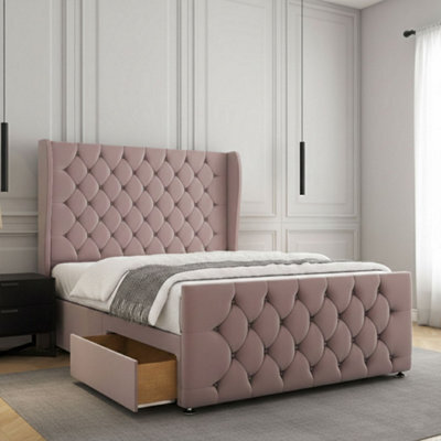 REGIONAL FURNISHINGS Divan Bed Set Pink Plush Velvet With 54 Inch Headboard & Footboard 2Drawersfootend & Mattress In 4Ft 4Ft6 5Ft 6Ft Sizes - image 1