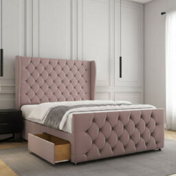REGIONAL FURNISHINGS Divan Bed Set Pink Plush Velvet With 54 Inch Headboard & Footboard 2Drawersfootend & Mattress In 4Ft 4Ft6 5Ft 6Ft Sizes