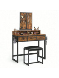 LEDREM Vasagle Dressing Table With Mirror And Stool, Vanity Table With Tri-Fold Mirror, 3 Drawers, Rustic Brown And Black - thumbnail 8