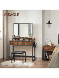 LEDREM Vasagle Dressing Table With Mirror And Stool, Vanity Table With Tri-Fold Mirror, 3 Drawers, Rustic Brown And Black
