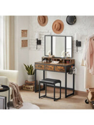 LEDREM Vasagle Dressing Table With Mirror And Stool, Vanity Table With Tri-Fold Mirror, 3 Drawers, Rustic Brown And Black - thumbnail 3