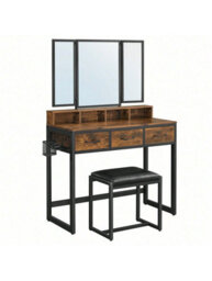 LEDREM Vasagle Dressing Table With Mirror And Stool, Vanity Table With Tri-Fold Mirror, 3 Drawers, Rustic Brown And Black - thumbnail 7