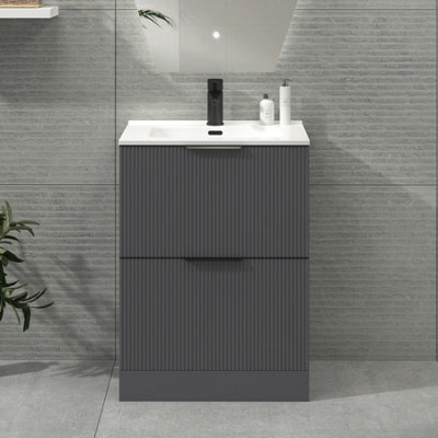 Royal Bathrooms Evora 600mm Graphite Grey Fluted Floor Standing Bathroom Vanity Unit 2 Drawer Cabinet With Ceramic Basin & Matt Black Handles - image 1