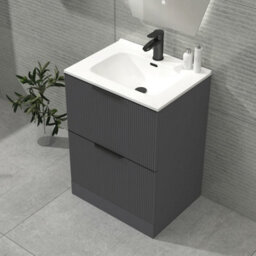 Royal Bathrooms Evora 600mm Graphite Grey Fluted Floor Standing Bathroom Vanity Unit 2 Drawer Cabinet With Ceramic Basin & Matt Black Handles - thumbnail 4
