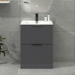 Royal Bathrooms Evora 600mm Graphite Grey Fluted Floor Standing Bathroom Vanity Unit 2 Drawer Cabinet With Ceramic Basin & Matt Black Handles