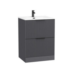 Royal Bathrooms Evora 600mm Graphite Grey Fluted Floor Standing Bathroom Vanity Unit 2 Drawer Cabinet With Ceramic Basin & Matt Black Handles - thumbnail 5