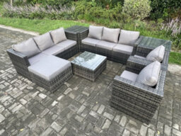 Fimous Rattan Garden Furniture Sofa Set With 2 Armchairs Square Coffee Table Side Table Big Footstool Indoor Side Table - thumbnail 2