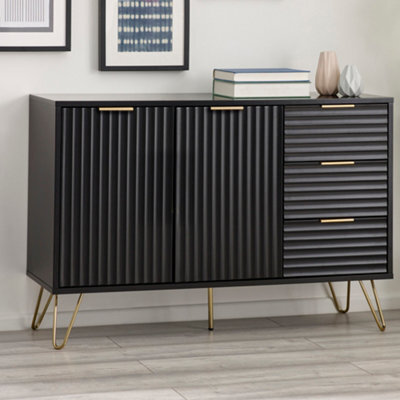 Julian Bowen Murano 2 Door 3 Drawer Large Sideboard With Internal Shelf Storage, Black, Gold Legs, Height: 80 X Width: 118 X Depth: 40Cm - image 1