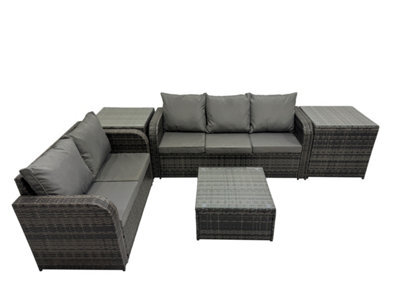 Fimous Rattan Garden Outdoor Furniture Set Love Sofa Square Coffee Table Sets With 2 Side Tables 2 Small Stools Dark Grey Mixed - image 1