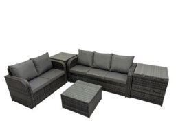 Fimous Rattan Garden Outdoor Furniture Set Love Sofa Square Coffee Table Sets With 2 Side Tables 2 Small Stools Dark Grey Mixed - thumbnail 2