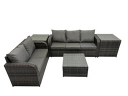 Fimous Rattan Garden Outdoor Furniture Set Love Sofa Square Coffee Table Sets With 2 Side Tables 2 Small Stools Dark Grey Mixed - thumbnail 1