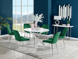 Furniturebox Novara White High Gloss 120Cm Round Dining Table With Chrome Starburst Legs & 6 Green Pesaro Velvet Chairs