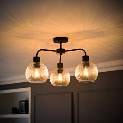 Valuelights Maddison Clear Ribbed Glass Globe Matte Black 3 Arm Ceiling Light & Filament Bulbs - image 1